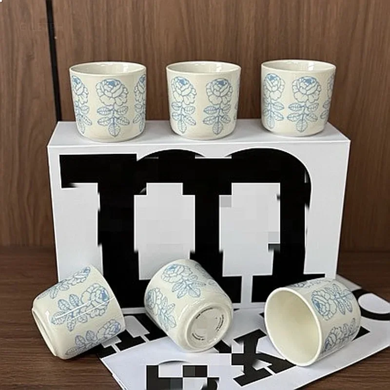 Limited Edition Nordic Hand Painted Ice Blue Sketch Rose Ceramic Cup 6 Piece Set Gift Box Home Office Drinkware Collection