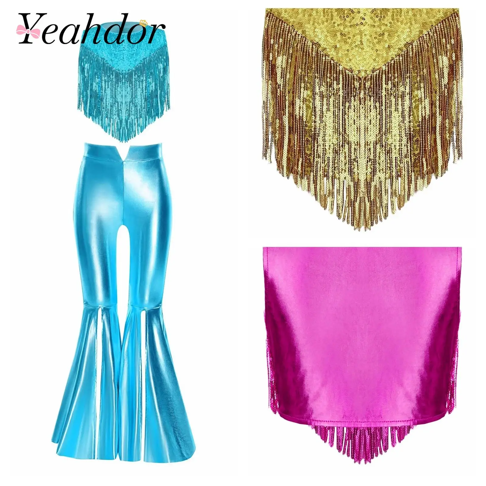 

Kids Girls Cowgirl Outfit 70S Disco Hippie Costumes Metallic Gloss Shiny Sequins Fringed Top with Flares Pants Dancewear Set