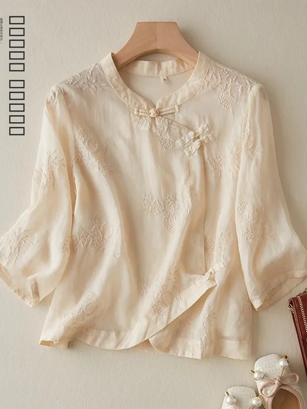 

Ретро-топ свободного кроя с вышивкой, из плотного хлопка и льна, женский, художественный, стройнящий, модный, с воротником-стойкой