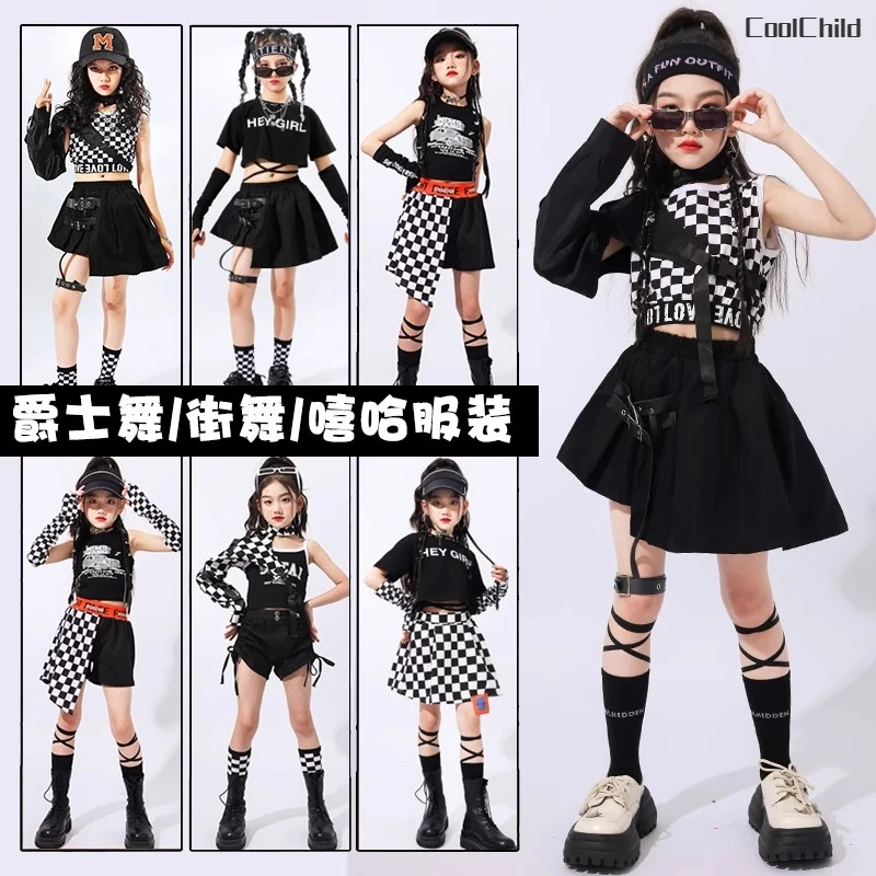 Hip Hop Girls Cool Crop Top Plaid Skirts Children Streetwear Goth Clothes Sets Street Dance T-shirt Kids Stage Jazz Costumes