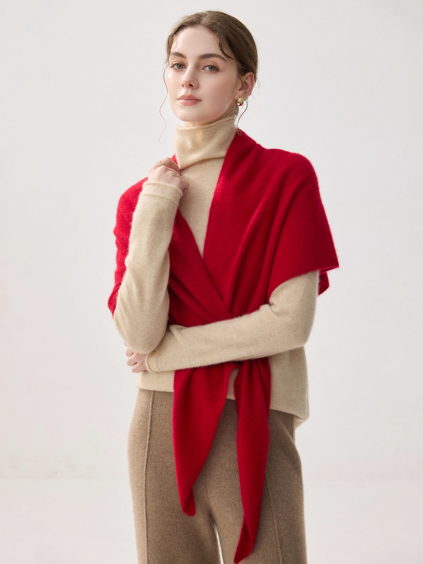 TLOML Women 100% Cashmere Knit Shawls Autumn Winter BigTriangular Scarf Cashmere Knitwear Grace Simple Style Solid Casual Shawl