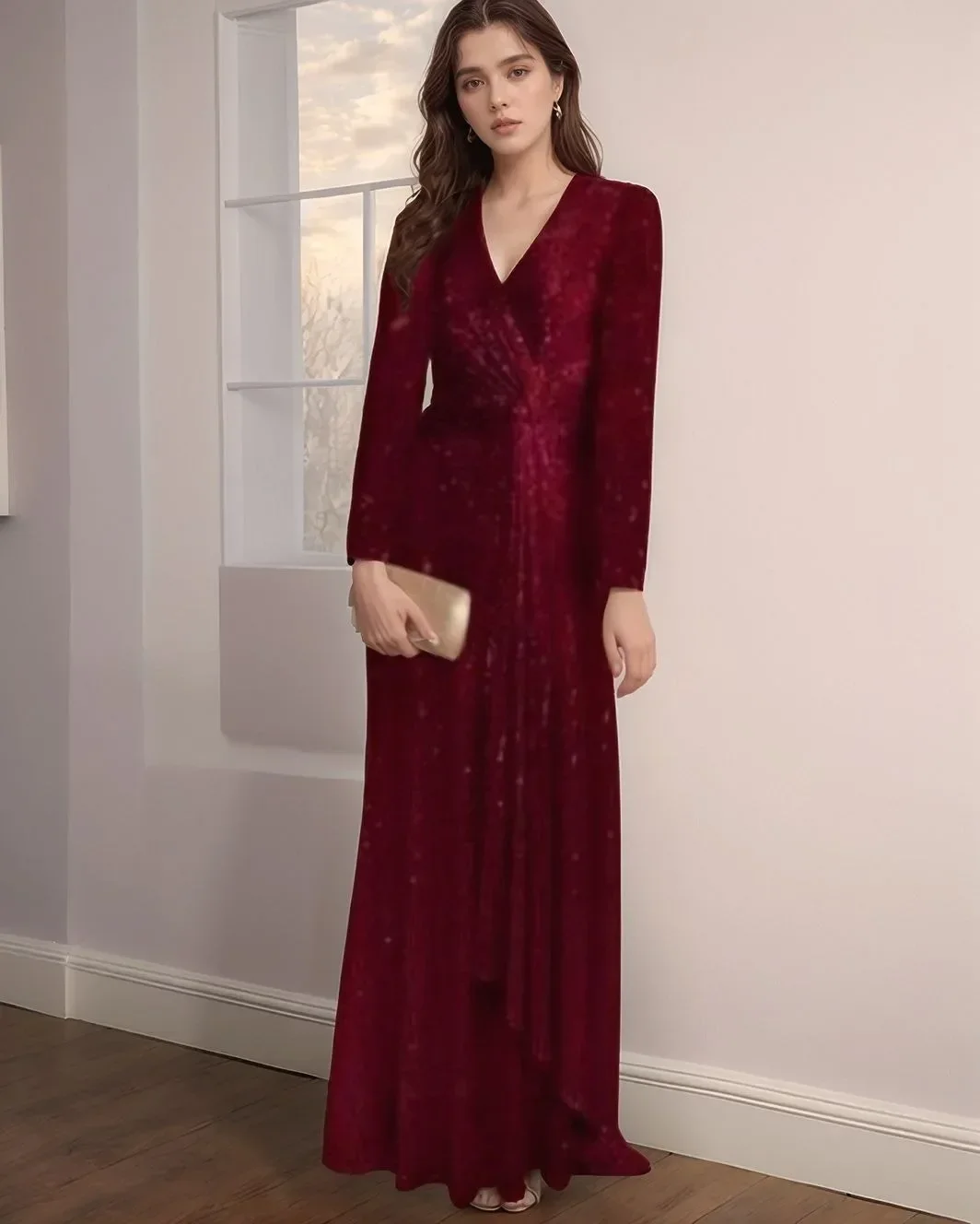 Damen-Abendkleid mit V-Ausschnitt und Pailletten, langen Ärmeln, elegantes Abendkleid für Hochzeit, Party, Brautjungfer, Abschlussball, formelles Promi-Kleid