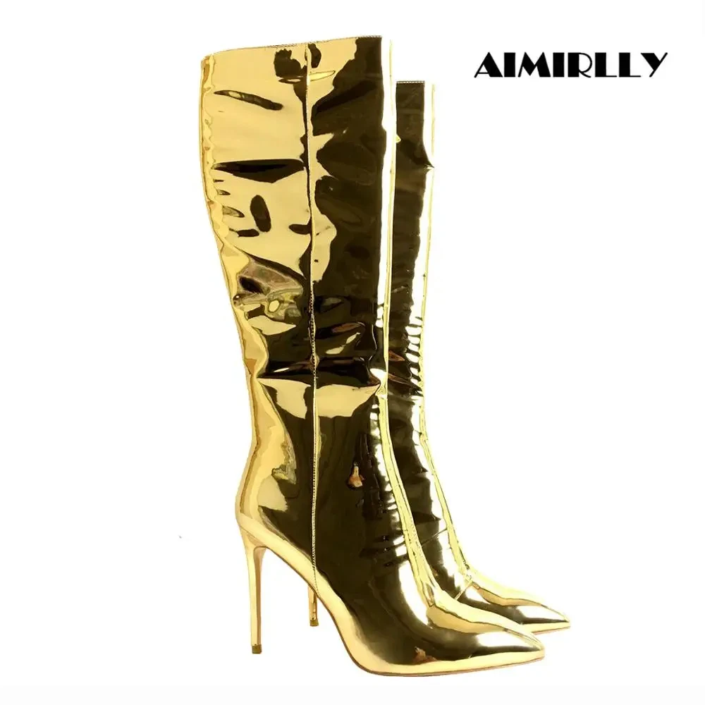 

Women's Knee High Boots Pointed Toe High Heels Shoes Gold Metallic Mirror Full Zipper Fashion Winter Footwear Customized shoes