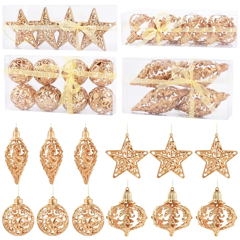 4/8PCS Christmas Ball Ornaments Gold Hollow Star Pendant Christmas Tree Hanging Decoration for Home Hollowed out 3D Star Pendant