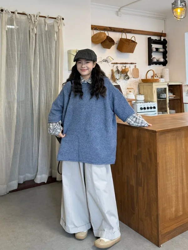 

plus Size Women's Vintage Japanese Plaid Long Sve Casual irt Autumn New Sle Versatile Loose Fit Pants Trendy Faion