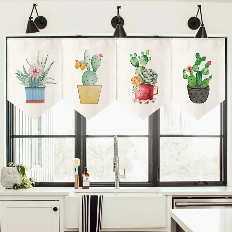 Nordic Cartoon Cactus Succulent Pattern Short Curtain Partition Kitchen Bedroom Door Head Hanging Curtain