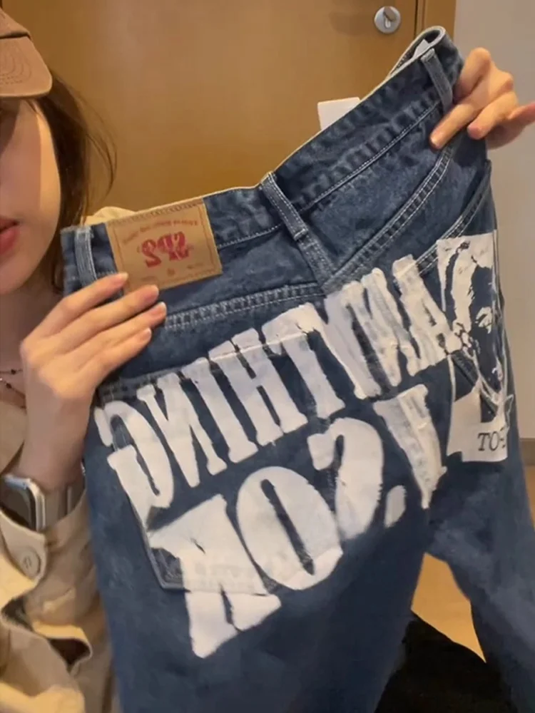 جينز رجالي كاجوال مطبوع باللون الأزرق الداكن بنطال جينز أمريكي واسع الساق بطول الأرض وفضفاض مستقيم من قماش الدنيم