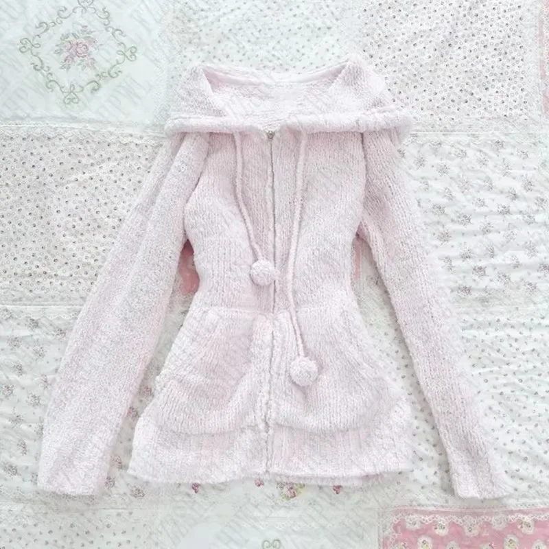 Y2K Women Winter Long Sleeve Fuzzy Hooded Harajuku Zip Up Cardigan Coat Plush Warm Ruffles Outwear Solid color slim fit sweater