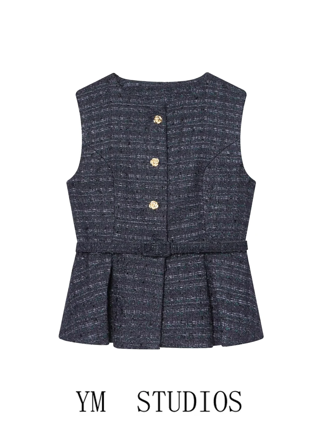 Chaleco de mujer con cuello redondo y cinturón, color metalizado, con lazo en la cintura, prenda exterior delgada y elegante de poliéster, ajuste ceñido y a la moda.