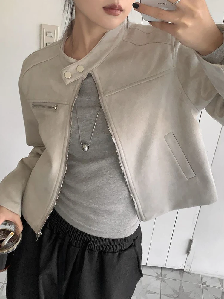 Women's ort Biker Jaet Suede Velvet Stand Collar Zipper Closure Long Sve Casual Sle Autumn Faion Ladies Coat