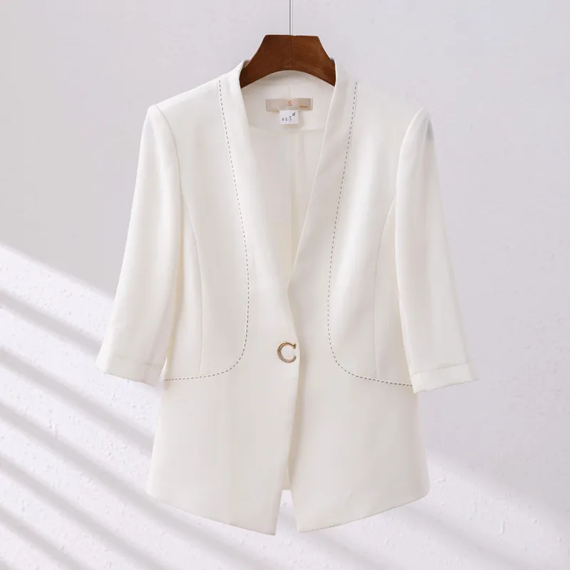 NAVIU 2023 New Summer Blazer Women Fashion Temperament Formal Half Sleeve Slim Jacket Office Ladies Work Coat White