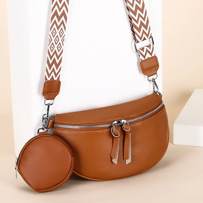 Soft Genuine Leather Fashion Saddle Bag Shoulder Crossbody Bag Luxury Women Cow Leather Casual Phone Pouch Ladies Handbag Purse