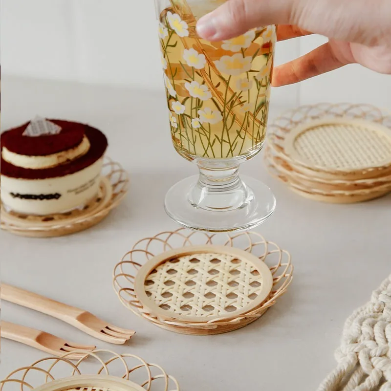 Ins Japanese Handmade Bamboo Woven Cup Mat Hollow Rattan Braided Tea Drink Holder Home Decor Tabletop Protection Gift for Women