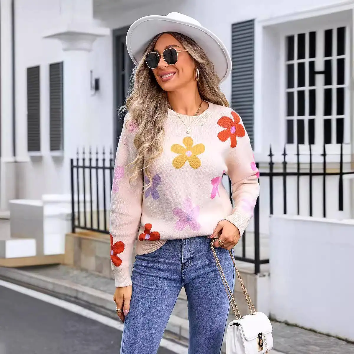 

2025 New Women's Knitted Sweater Large Size Flower Pattern Cross-Border Faionable Casual Comfortable Breathable Top