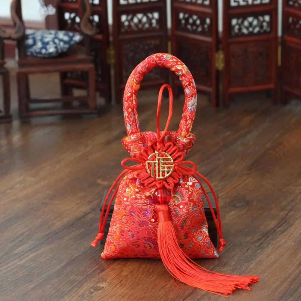 

Chinese Style Canvas Flower Drawstring Bag Phoenix Bird Festive Sugar Bag Jewerly Packing Bag Dragon Chinese Knot Tassel Handbag