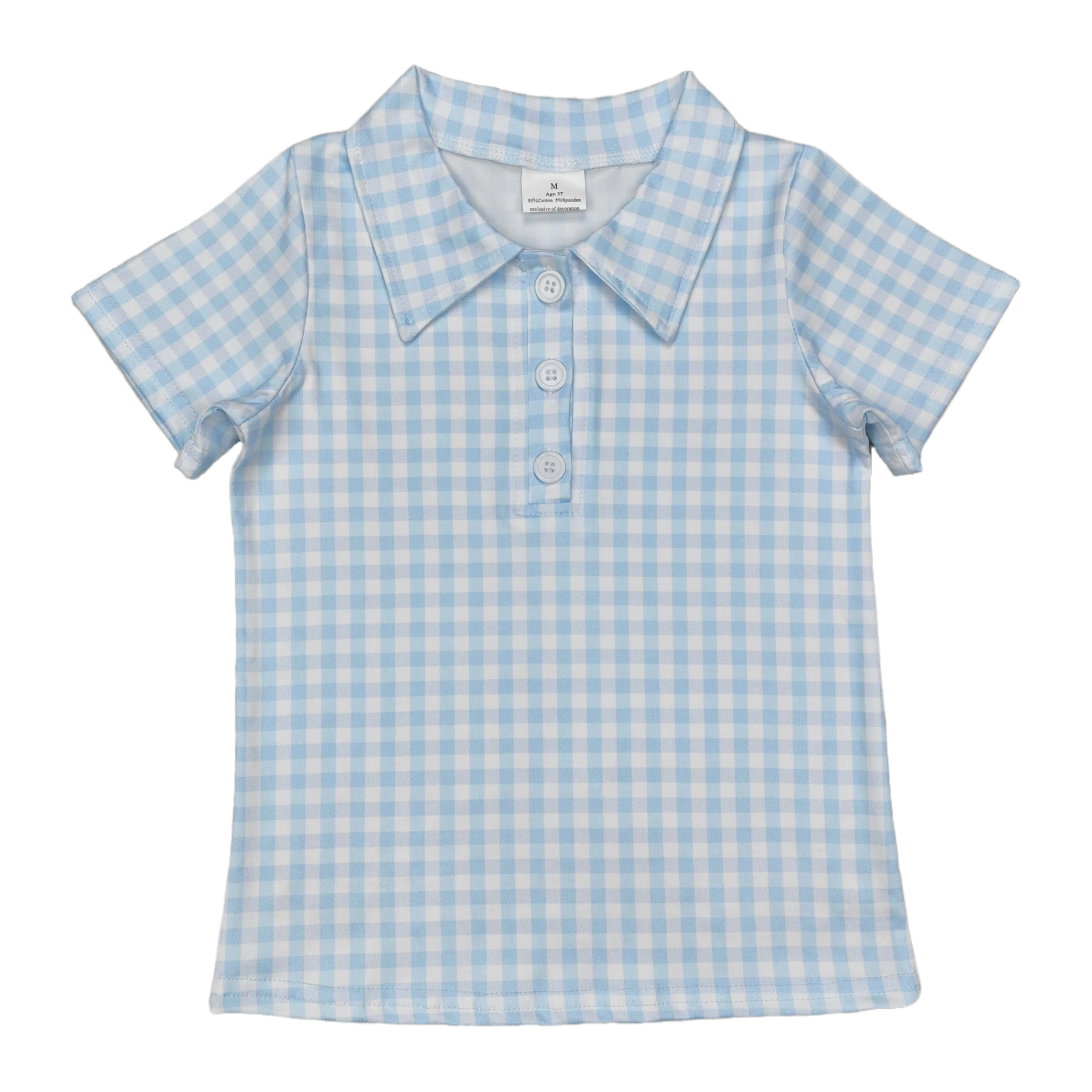 

Оптовая продажа, синие футболки в клетку с пуговицами для маленьких детей, детские футболки с короткими рукавами, пасхальная рубашка для маленьких мальчиков, клетчатый пуловер для малышей