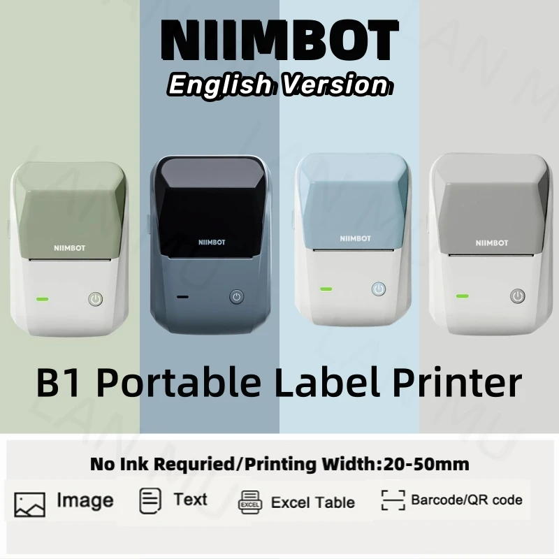 Niimbot B1 English Label Printer Portable Handheld Thermal Printer Mini Barcode QR Code Sticker Paper Color Rolls Maker Cable
