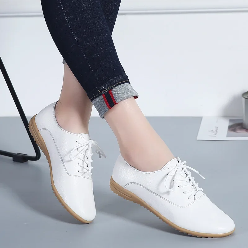 Spring Oxford Shoes Ballerina Flats Genuine Leather Moccasins Lace Up Loafers White Zapatos De Mujer Sneakers Tenis De Moda Traf