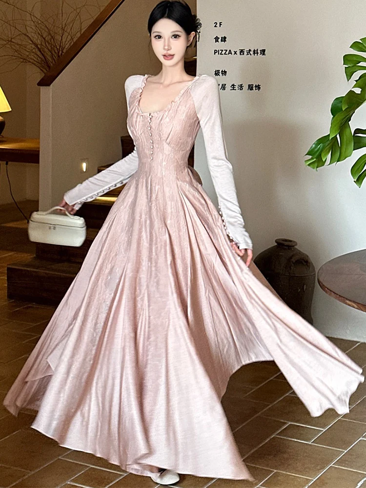 

Women Pink Patchwork Long Sleeve Ruffled Square Collar Long Dress Autumn Winter Elegant Casual Dress 2025 Korean Luxury Vestidos