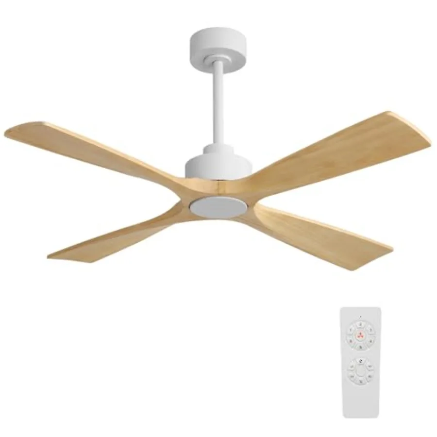 

48 inch ceiling fan for bedroom/indoor use, solid wood blades, white + light wood finish, reversible DC motor, 6-speed quiet pe