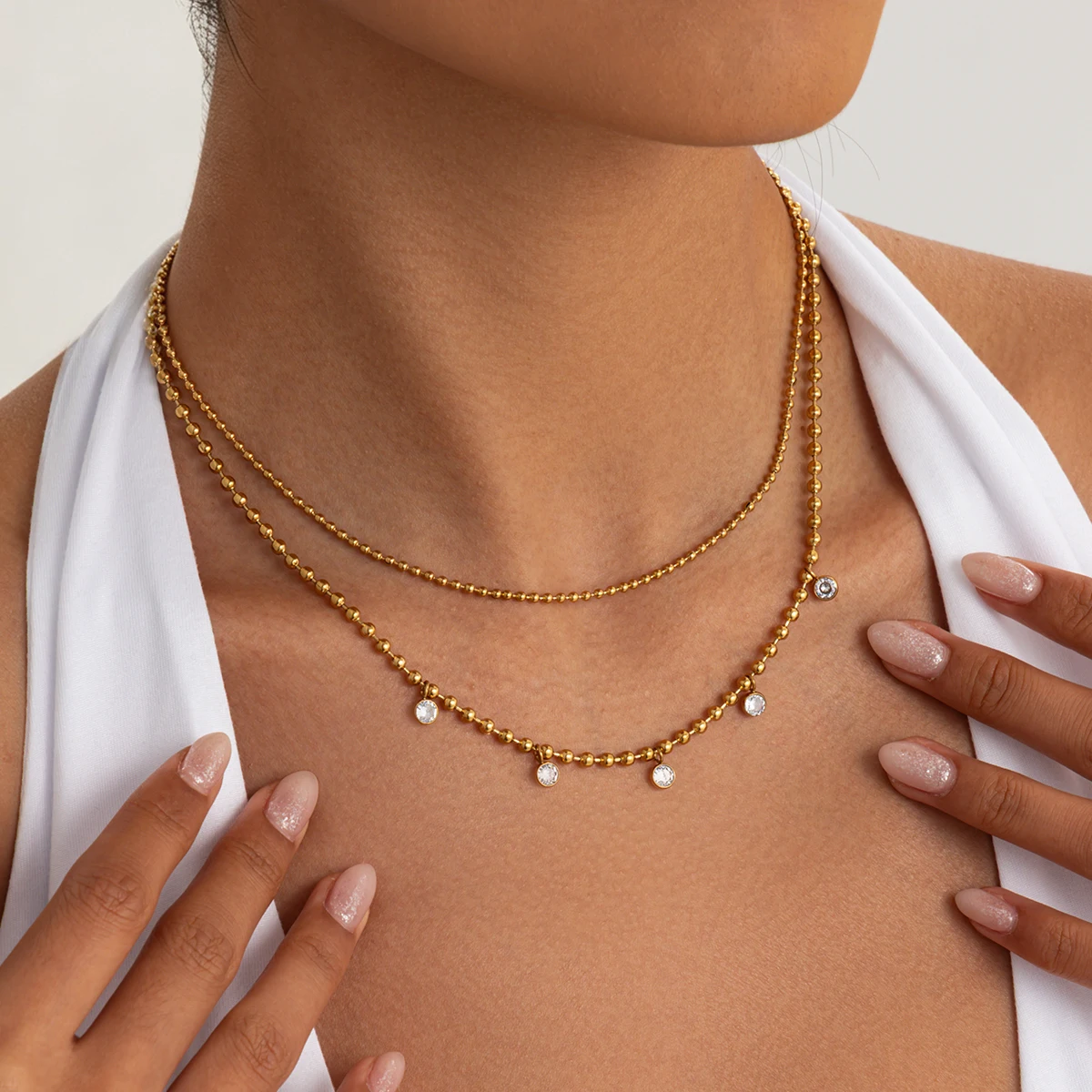 PuRui Vintage 18K Gold Plated Stainless Steel Beaded Choker Necklace for Women New Layered Stacked Zircon Pendant Clavicle Chain