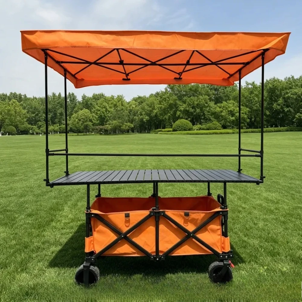 Outdoor Foldable Vendor Wagon Cart with Canopy & Adjustable Tabletop Large Capacity Camping Stall Trolley Extended Tabletop