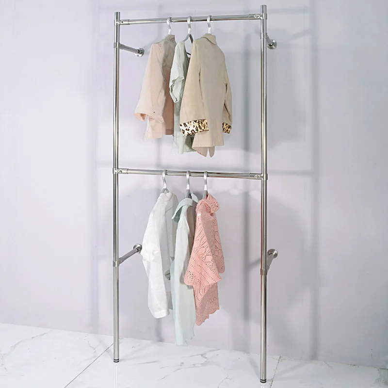 Stainless steel open nail wall Internet celebrity metal wardrobe rack cloakroom clothing hanging rod top column