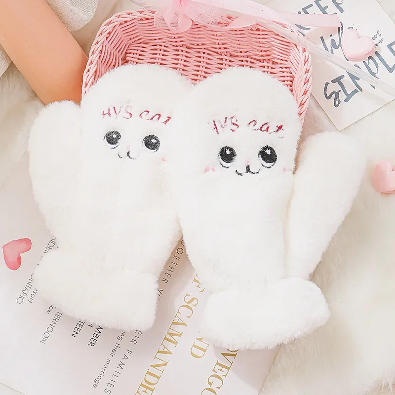 Fashion Japanese Winter Warm Lovely Plush Cat Mittens Fullfinger Thermal Rabbit Fur Gloves for Women Girls Kawaii Thicken Gloves