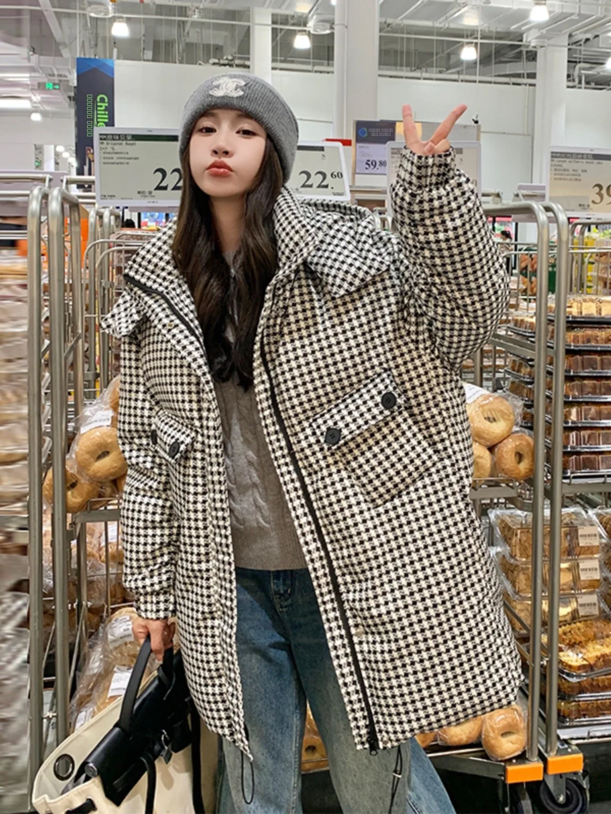 

Faionable Plaid down Jaet Women's Mid-Length Winter New Sle Small Size High-End Feeling Streetwear Outerwear Coat