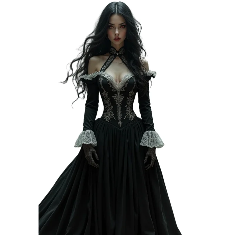 ヴィンテージブラックイブニングドレス長袖オフショルダーアイボリーレースアップリケAラインロングサテンゴシックウエディングドレスカスタマイズ