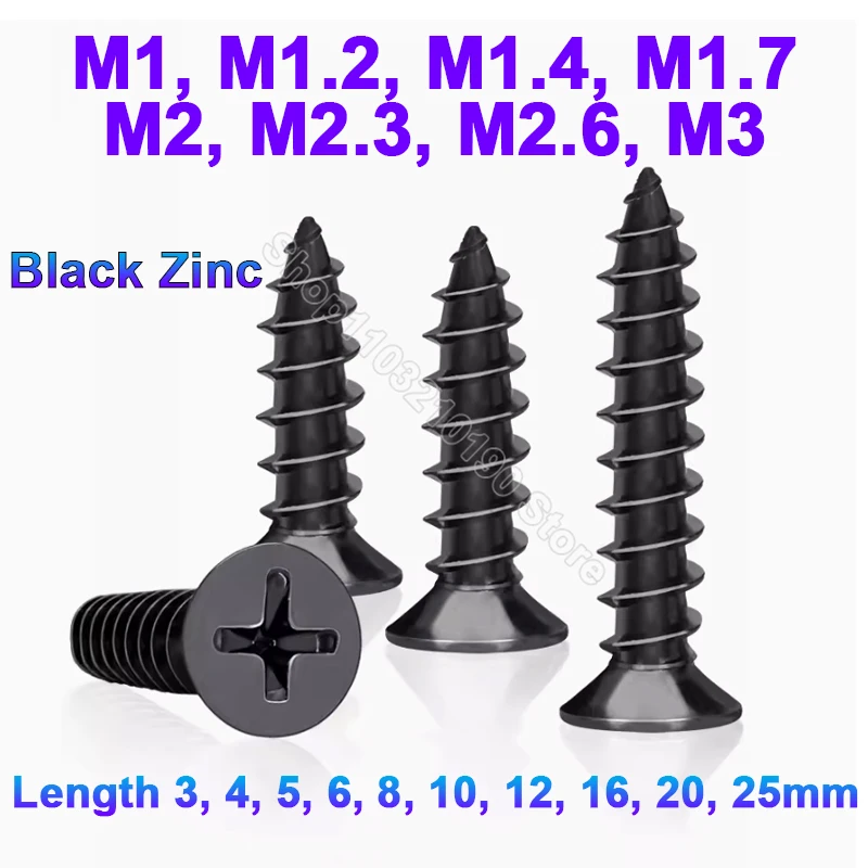 

Small Phillips Self-tapping Wood Screws M1,M1.2,M1.4,M1.7,M2,M2.3,M2.6,M3 Black Zinc Plated Flat Countersunk Head Cross Screw