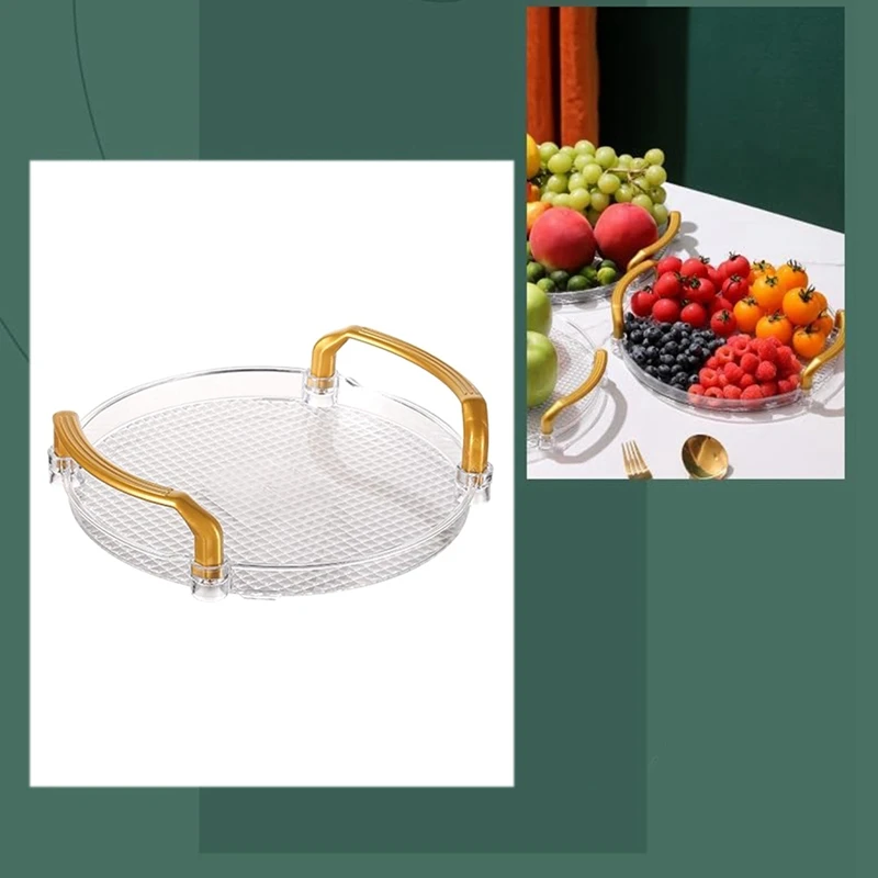 Acrylic Clear Round Serving Tray Bathroom Vanity Tray Decorative Tray With Golden Handle For Coffee Table Office