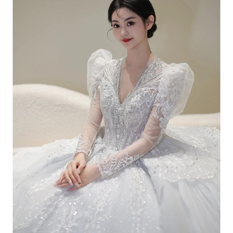 

2024 New Luxury Long Sleeve Wedding Dress Lace Applique V Neck Bridal Dress Ball Gown Vestido De Noiva Floor lenght Or Big Tail