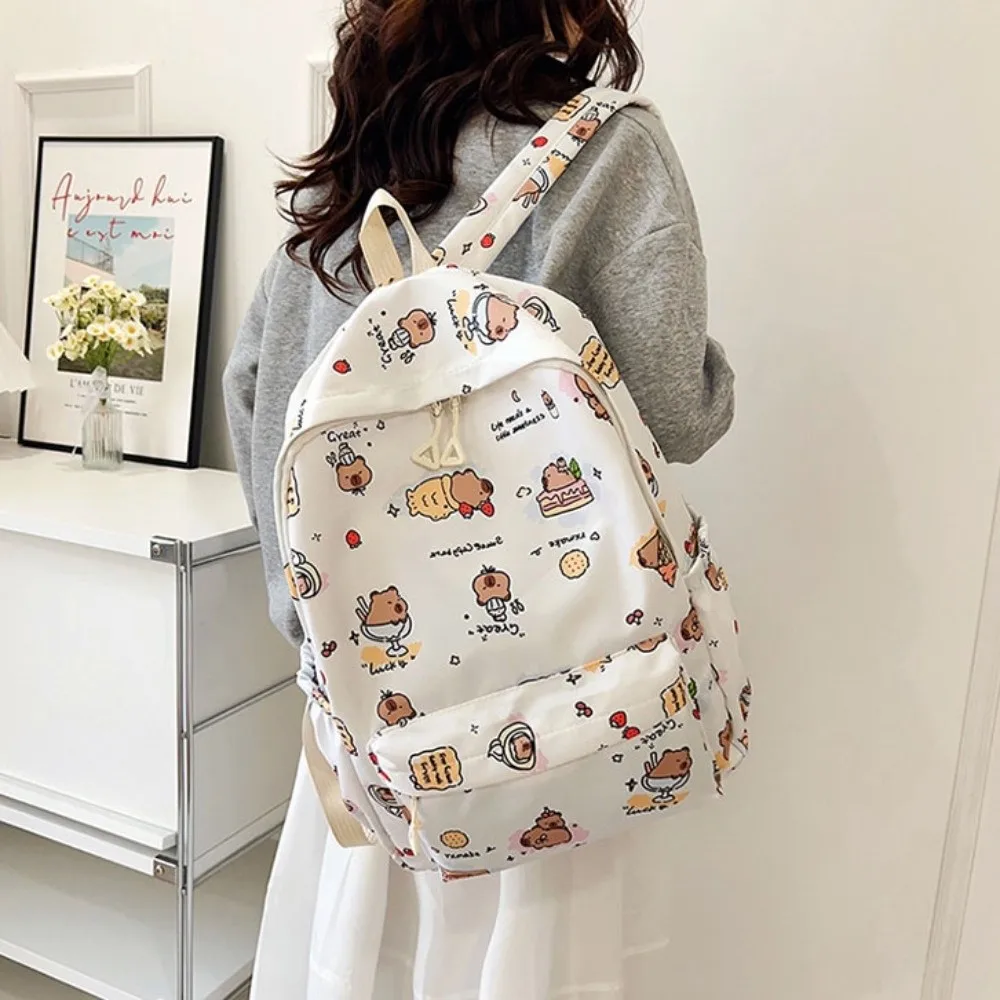 Nylon Capybara Backpack Lightweight Wide Straps Cartoon Animal Daypack Korean Style Adjustable Straps Large Capacity School Bag