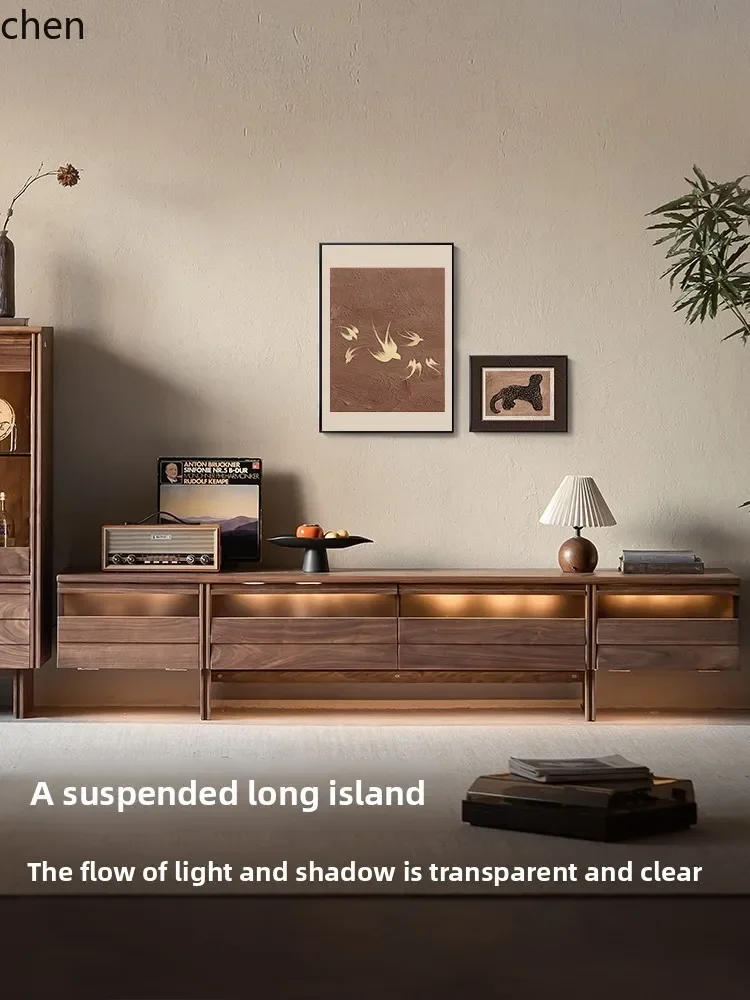 black walnut medieval TV cabinet solid wood Chinese suspension Nordic