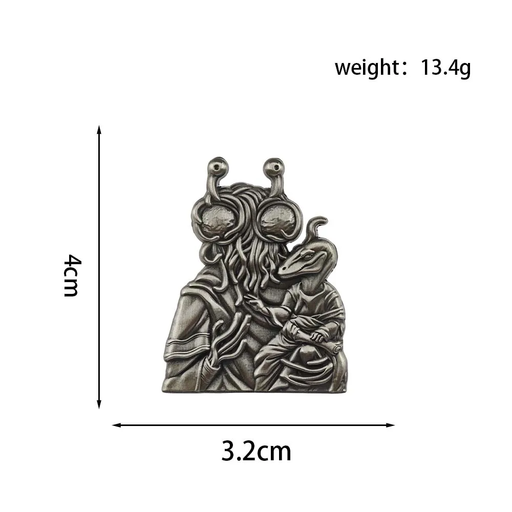 Flying Spaghetti Monster Metal Brooch Funny FSM Logo Pin Badge Parody Dinosaur Madonna Child Atheist Science Fans Gift Bag Charm