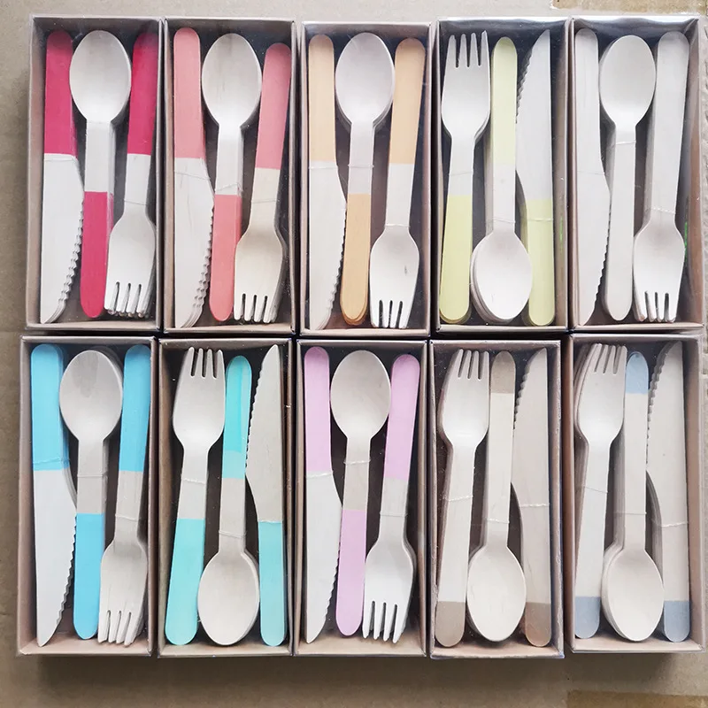 Vajilla desechable para niños, cuchillo de madera, tenedor y cuchara, caja de comida occidental, pastel, helado, postre, Picnic, tenedor al aire libre, 8 Uds.