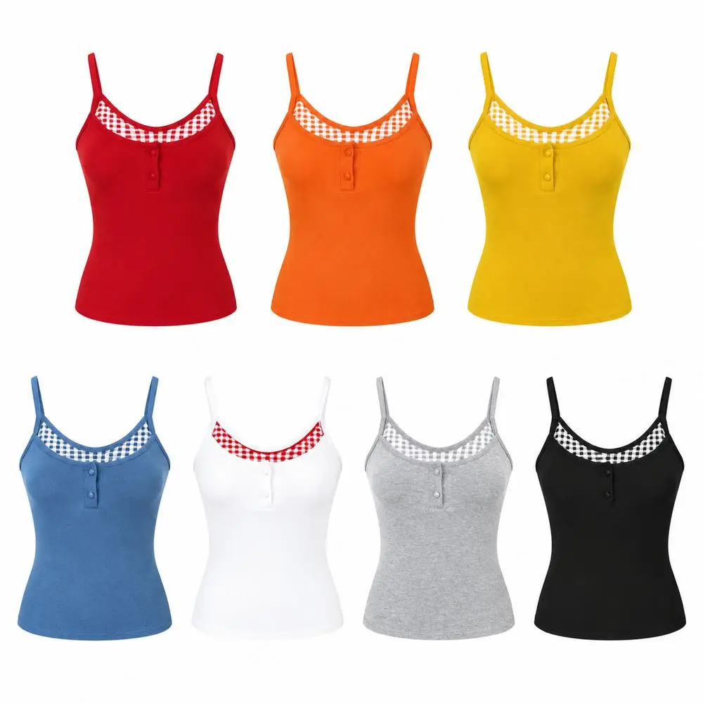 Button Front Womens Camisole Built In Bra Pad Slim Fit Camisole Contrast Gingham Trim Skinny Silhouette Vest Corset