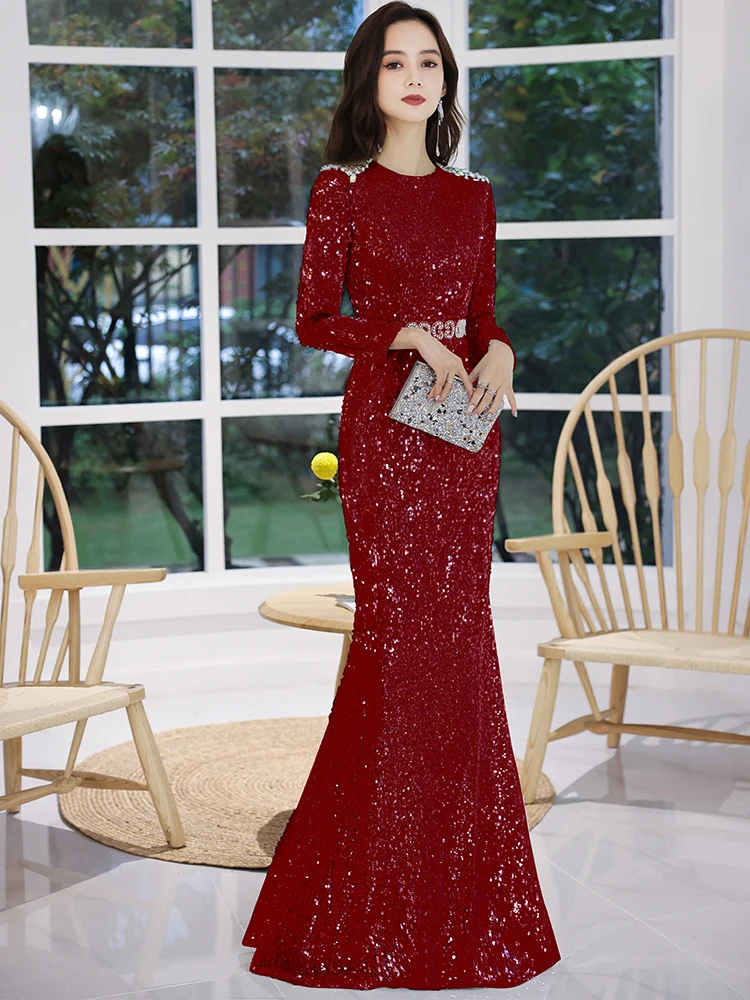 

Ele Red Long Sve Host Evening Gown for Women Performance Ceremony High-End Feelings Glittering Sequins Ball Dr
