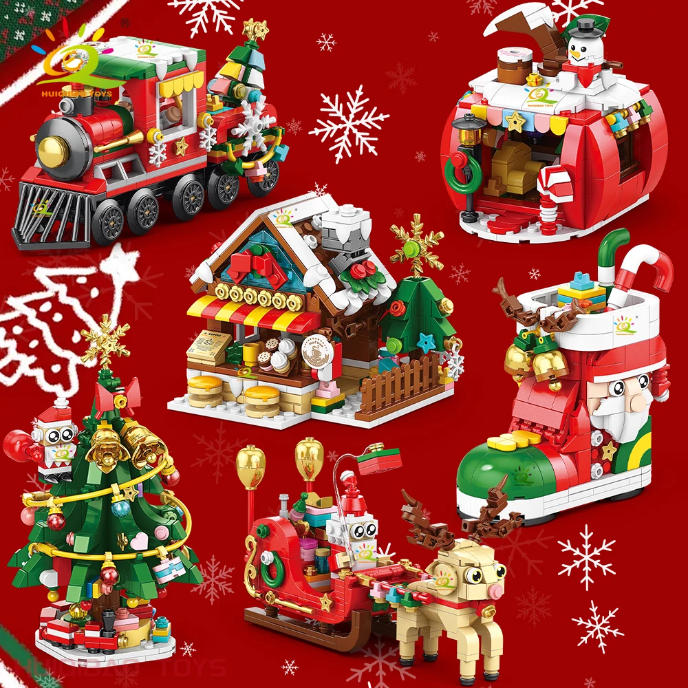 

HUIQIBAO Christmas Tree Gingerbread Cafe Model Building Block DIY Elk Snowman Train Bricks Ornament Toys for Children Adult Gift