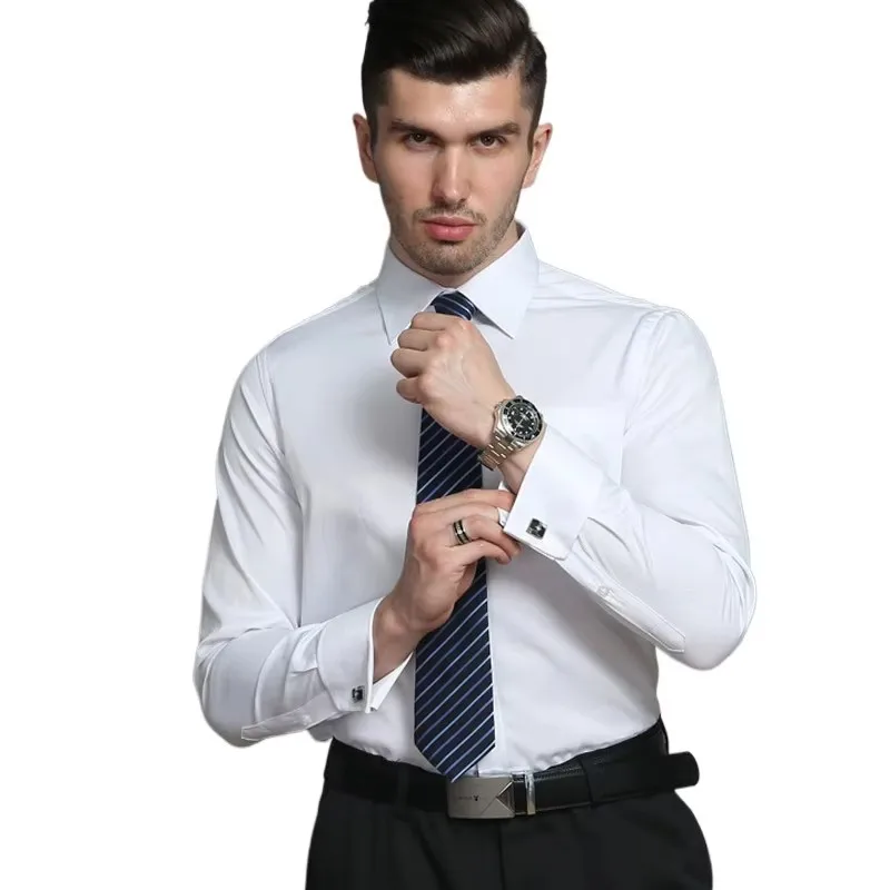 M~6XL Men's French Cuff Dress Shirt 2024 New White Long Sleeve Formal Business Buttons Male Shirts Regular Fit Cufflinks Shirt