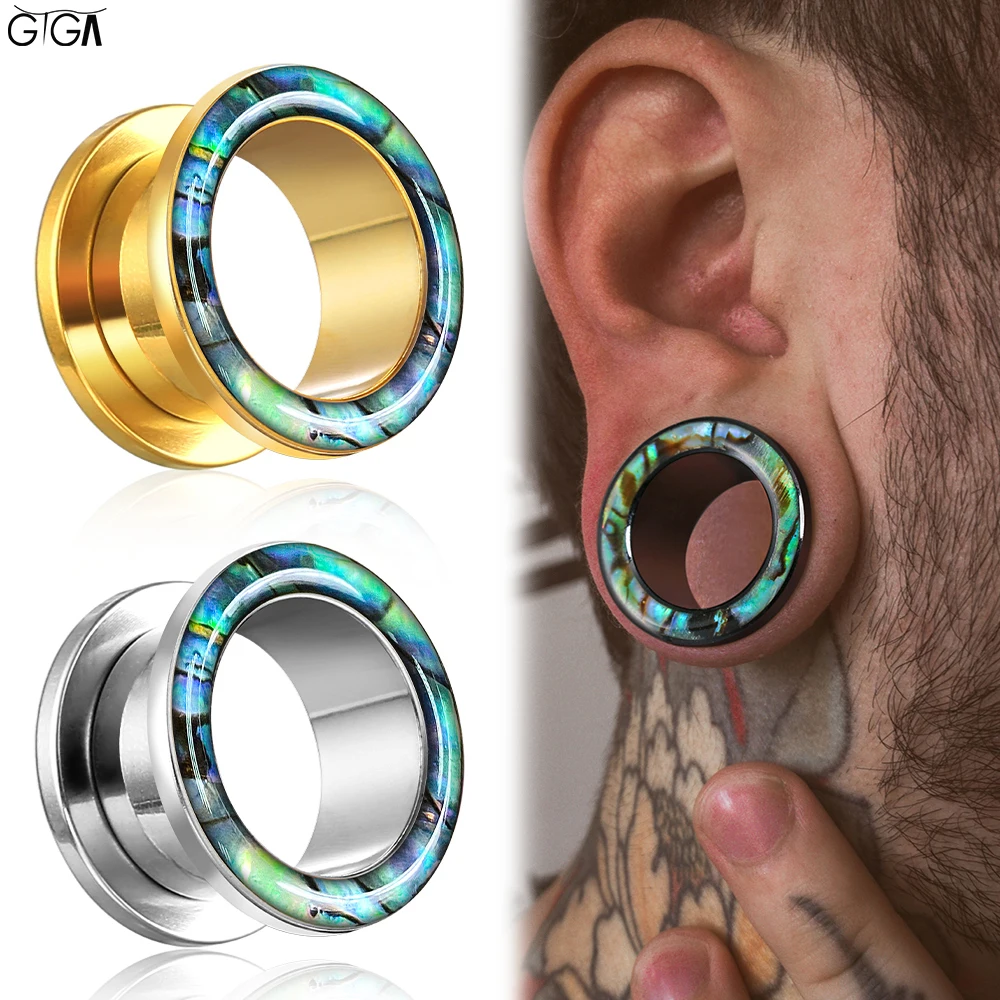 Giga 2Pcs Boho Abalone Shell Ear Tunnels Gauges Plugs Expander Stainless Steel Screw Back Stretching Body Piercing Jewelry