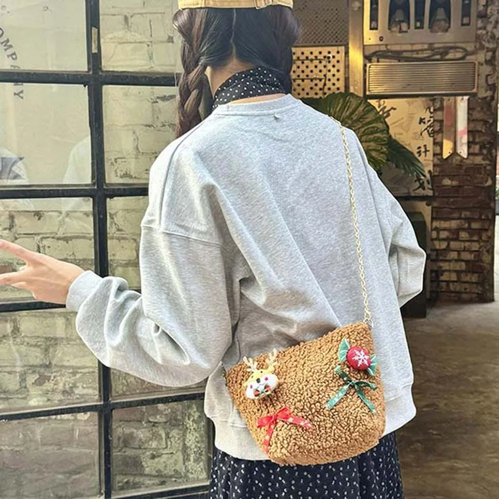 

Soft Kawaii Christmas Crossbody Bag Santa Claus Bow Square Pouch Elk Deer PP Cotton Women's Chain Bag Girls