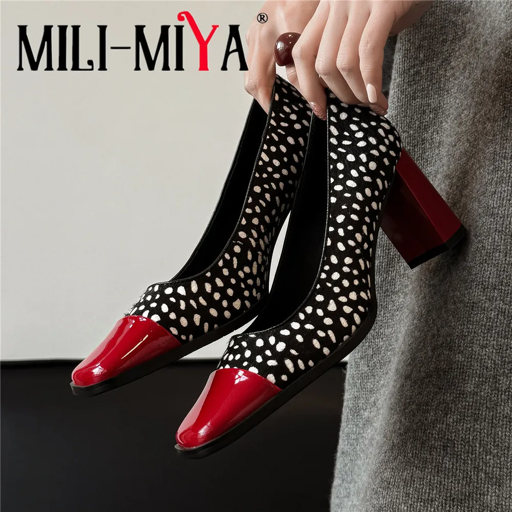 MILI-MIYA New Womens Square-Toed, Two-Tone Polka-Dot High Heels With a Chunky Heel In a Combination Of Calfskin And Horsehair