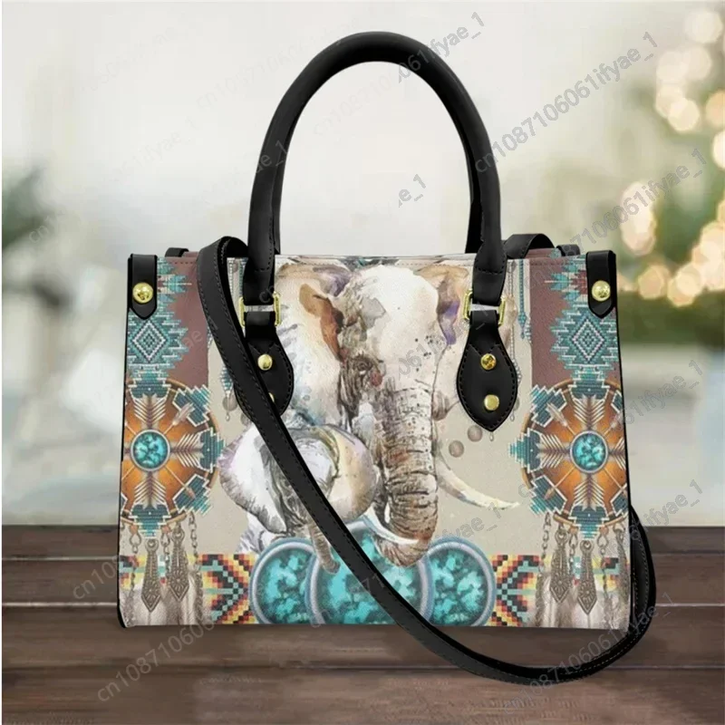 Elephant Handbags Giving People Pattern Tribal Vintage Cross Body Bags for Ladies Leather Casual Girls Tote Shoulder Bags Female