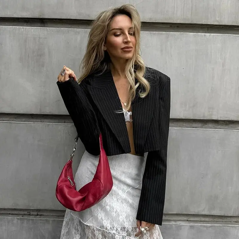 

Elegant Stripe Lapel Cropped Blazer Jacket For Women Vintage Slim Jackets 2025 Autumn New In Office Lady Long Sleeve Tops Black