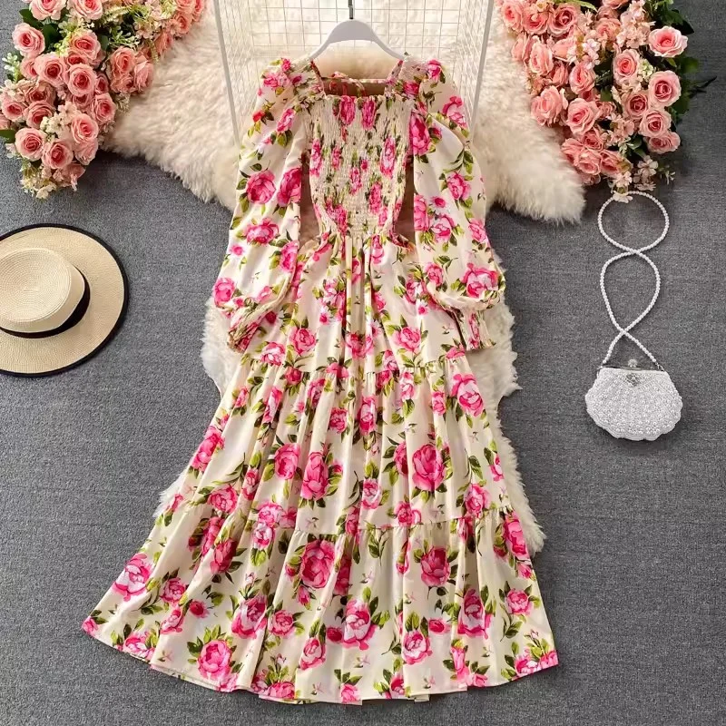 High Waisted Floral Bubble Sleeve Dress 2024 Summer New French Gentle And Elegant Square Neck Waistband Long Dress K244