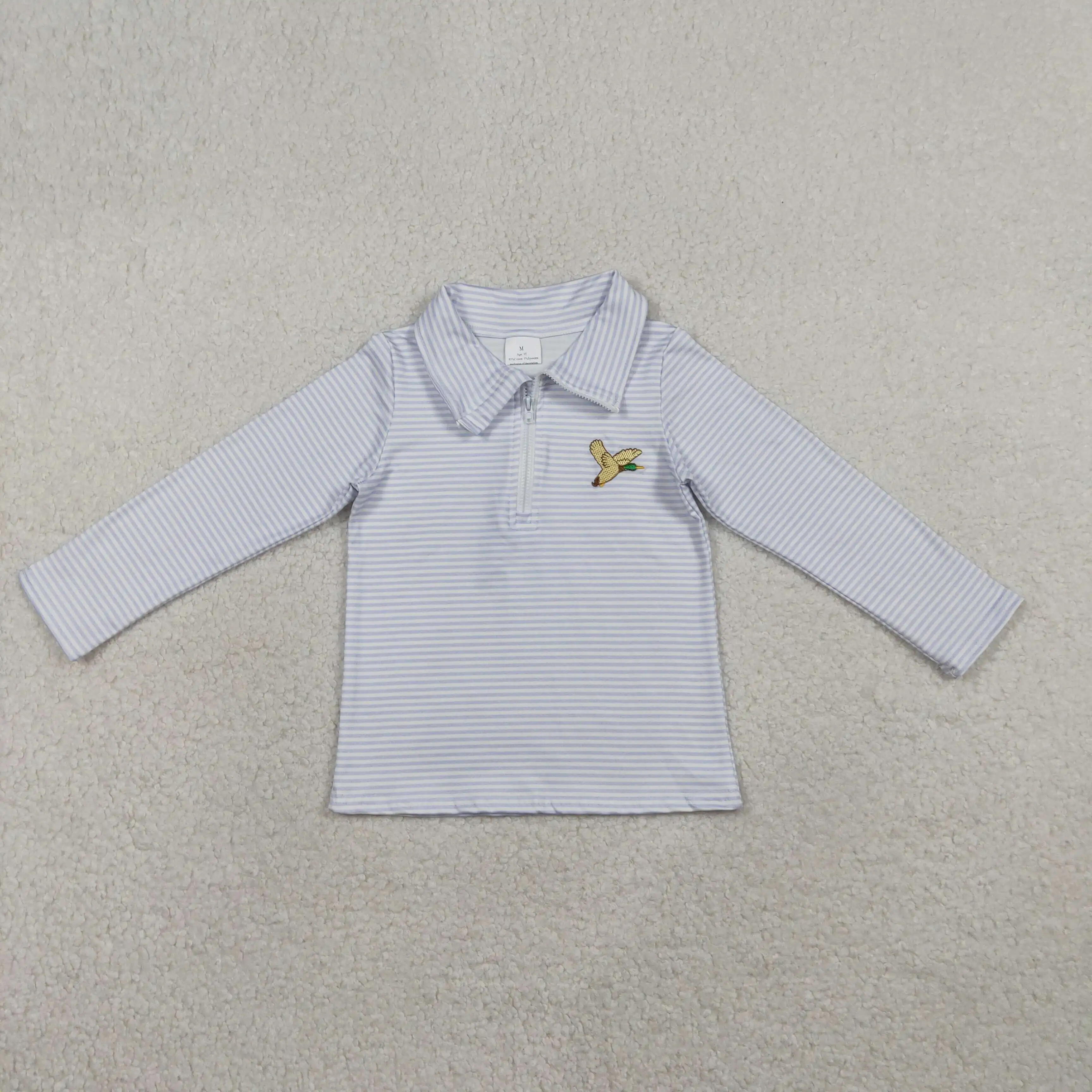 

NEW RTS Embroidery Ducks Baby Boys Grey Stripe Hunting Zip Pullovers Top