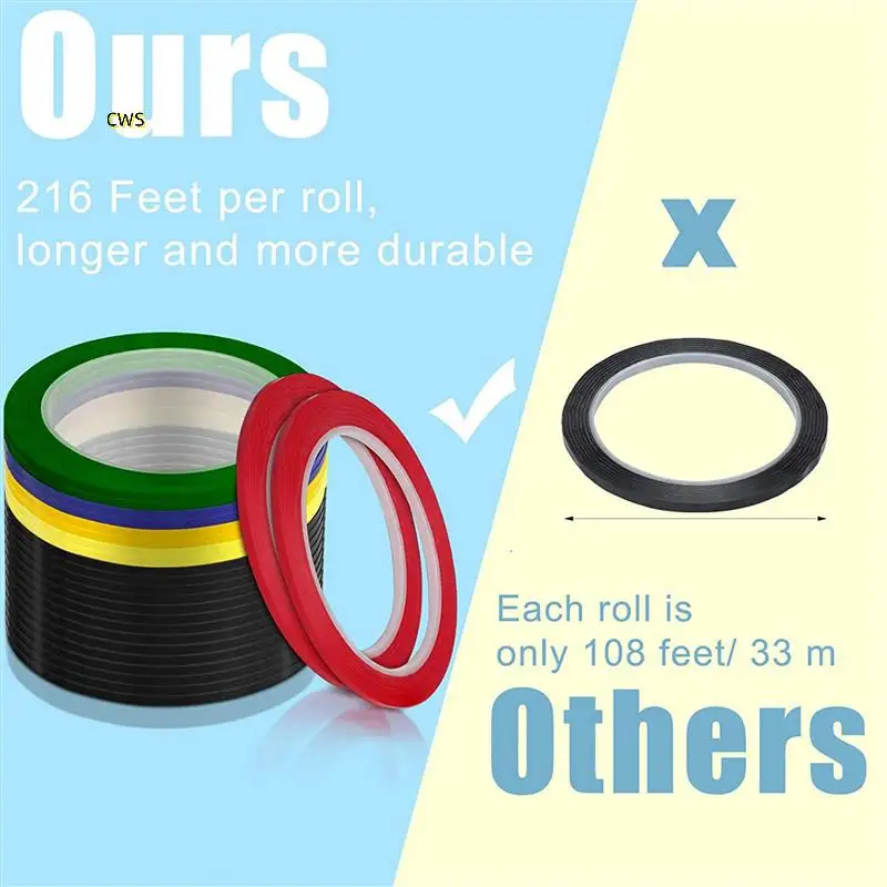 48 لفة شريط بيضاء رفيع 216 قدم لكل لفة 1/8 بوصة رسم فني شبكي شريط كهربائي شريط مسح جاف، 6 ألوان
