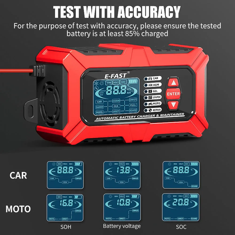 System Tester Car Motorcycle Battery Analyzer For Lead Acid AGM GEL Lithium LiFePo4 Batteries 3in1 12V Smart Car Battery Charger